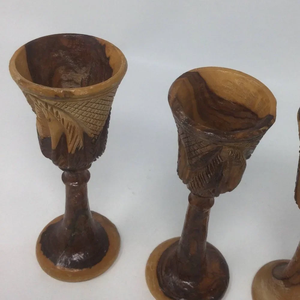 4 Vintage Wood Hand Carved Goblets Small
